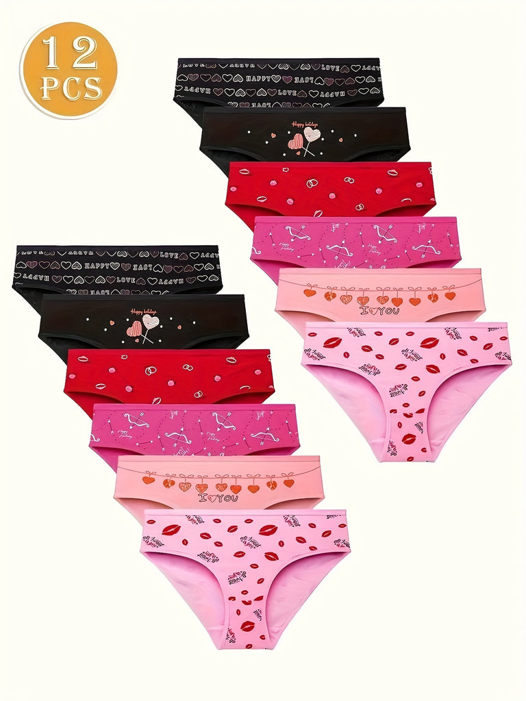 12 Pcs Women's Romantic Valentine's Cotton Briefs - Breathable, Comfy Stretch Knit Panties