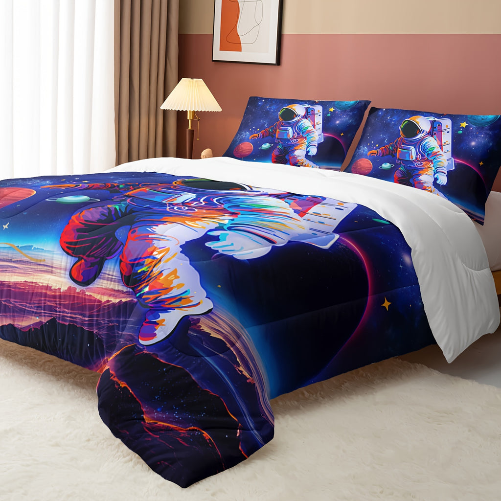 3Pcs Astronaut Comforter Set, Space Bedding Set, Outer Space Astronaut Comforter Set, Galaxy Astronaut Space Bedding, Galaxy Comforter Set Plants, 1 Quilt 2 Pillowcases