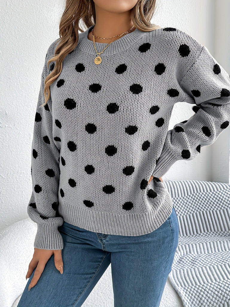 Women's Autumn Winter Knit Long Sleeve Crew Neck Sweater With Dot Pattern, Soft Acrylic Fabric, Elegant Casual Wear