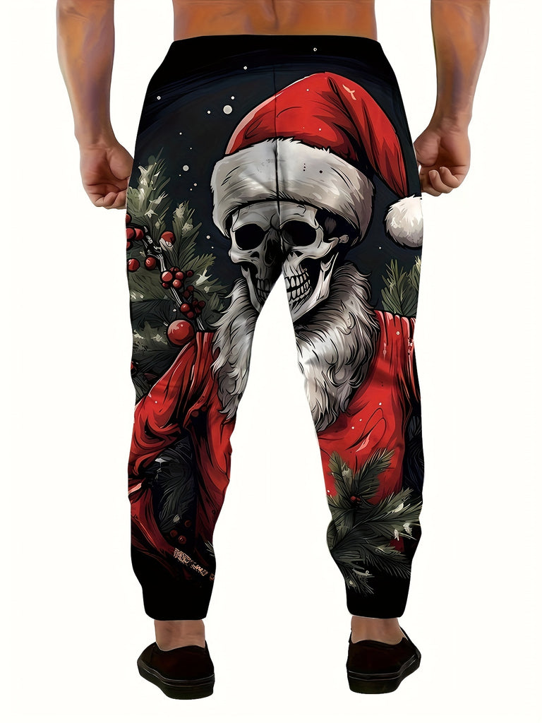 Men'S Fashion 3D Christmas Santa Skull Print Casual Polyester Sweatpants with Drawstring and Pockets - Slight Stretch Knit Fabric Regular Fit Joggers