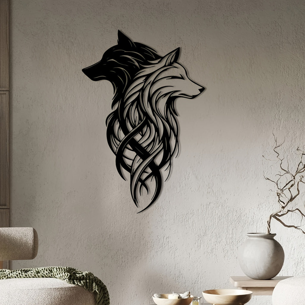 2pcs Wolf Metal Wall Decor, Black And White Dual Wolf Head, Wilderness Hanging Decoration, Iron Material for Living Room, Office, Bedroom Entrance, Farmhouse Decor, Housewarming, Modern Home Metal Wall Decor, Christmas, Unique Birthday Gift