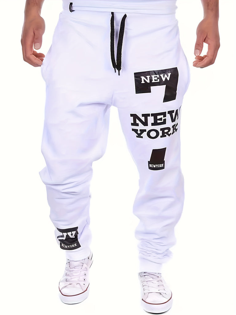 "New York" & Number 7 Print Joggers, Men's Casual Stretch Waist Drawstring Sweatpants For All Seasons