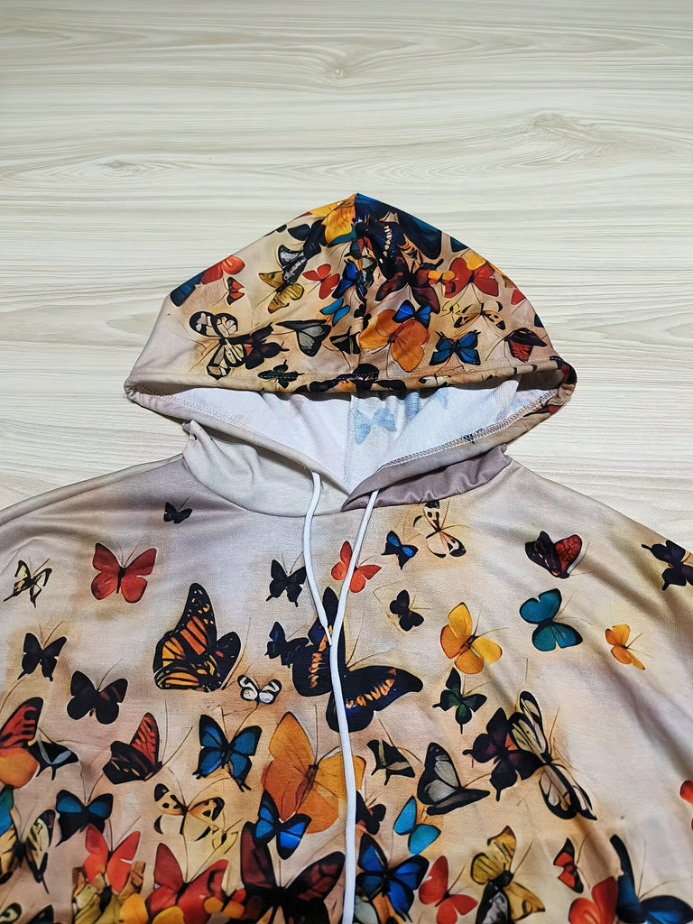 Butterfly Print Kangaroo Pocket Hoodie, Casual Long Sleeve Drawstring Hoodie Sweatshirt, Women's Clothing