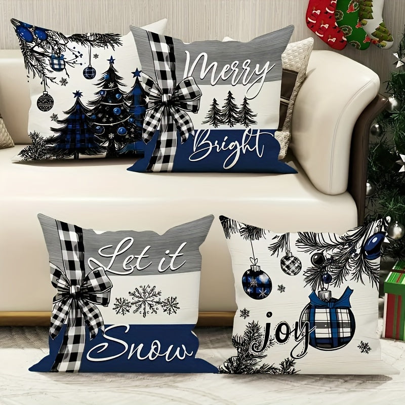 4pcs Christmas Tree Gift Pillowcases Contemporary Style - 18X18 Inches - Black And Blue - Comfortable And Soft - Polyester with Printed Design And Zipper Closure for Christmas Winter Living Room Bedroom Sofa Bed Decor Without Filling