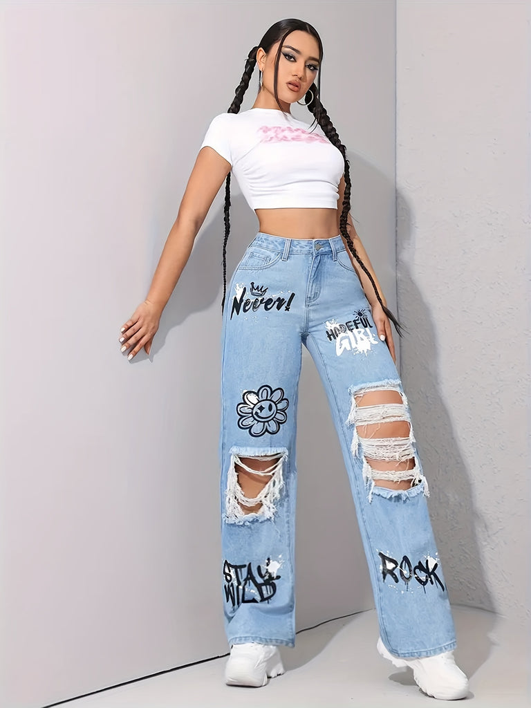 Women's High-Waist Distressed Cartoon Print Straight-Leg Jeans - Ripped Denim with Graffiti Art, Non-Stretch Cotton Blend, Machine Washable, Casual Style for Spring/Summer/Fall