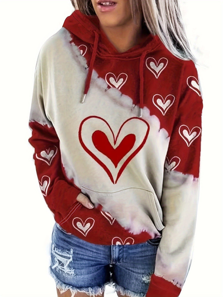 Valentine's Day Style Love Heart Print Hooded Drawstring Sweatshirt With Front Pocket, Long Hoodie Long Sleeve Pullover, Women's Tops