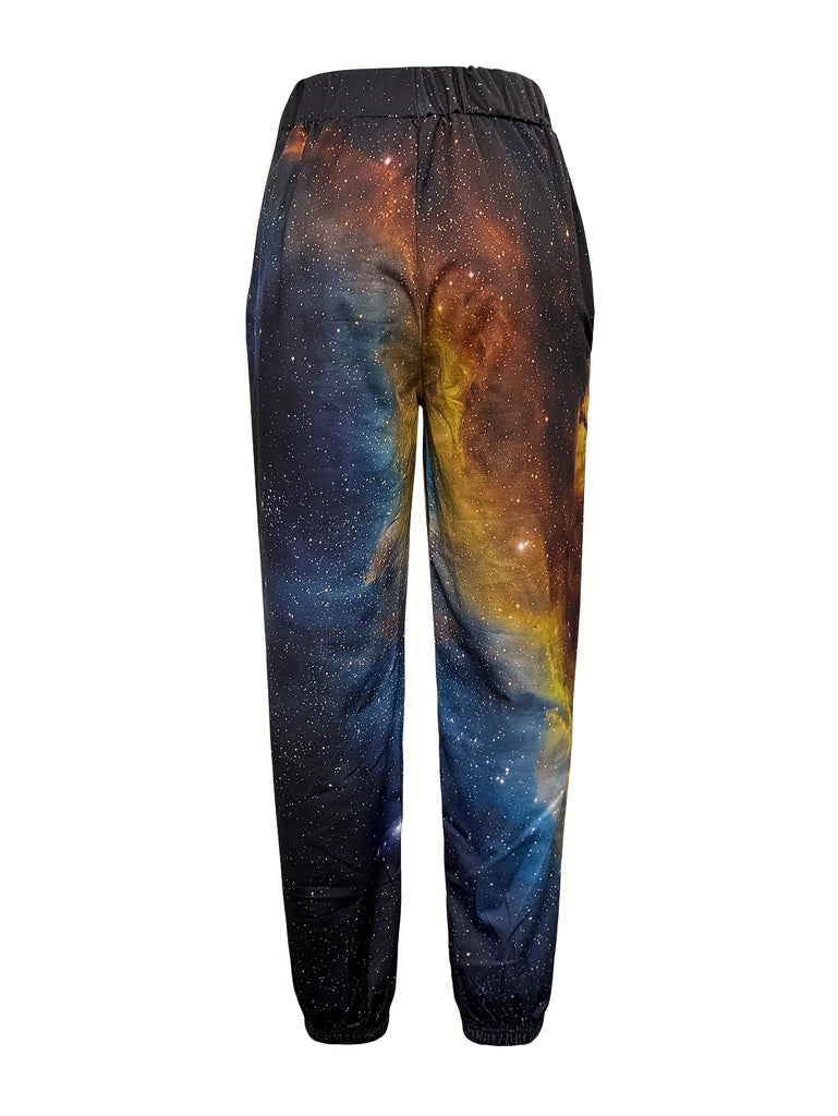 Women's Casual Galaxy Print Jogger Pants - Polyester Knit Fabric with Elastane - Loose Fit Fall/Winter Sweatpants