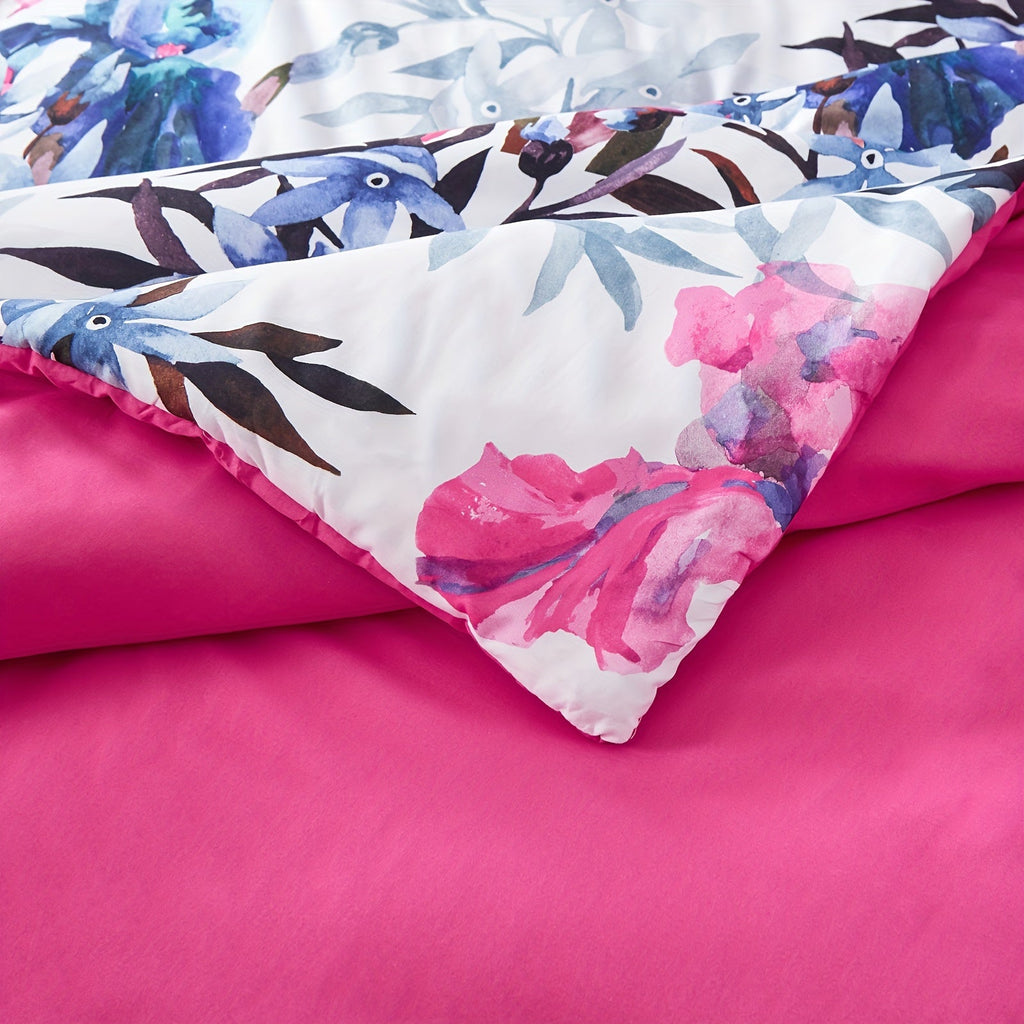 7Pcs Pink And Blue Botanical Flowers Leaves Comforter Set - Stain-Resistant, Soft 100% Microfiber Cover, 100% Polyester Fiber Filling, Woven For Durability - Queen/King Size Bed In A Bag For All Seasons, Floral Print Bedding