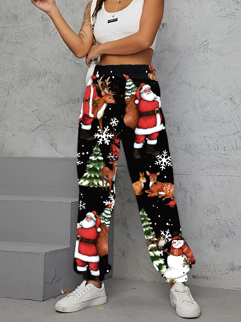 Cozy Christmas Print Loose Fit Joggers - Women's Casual Elastic Waist Pants for Relaxed Comfort - Soft, Breathable, and Festive Holiday Wear