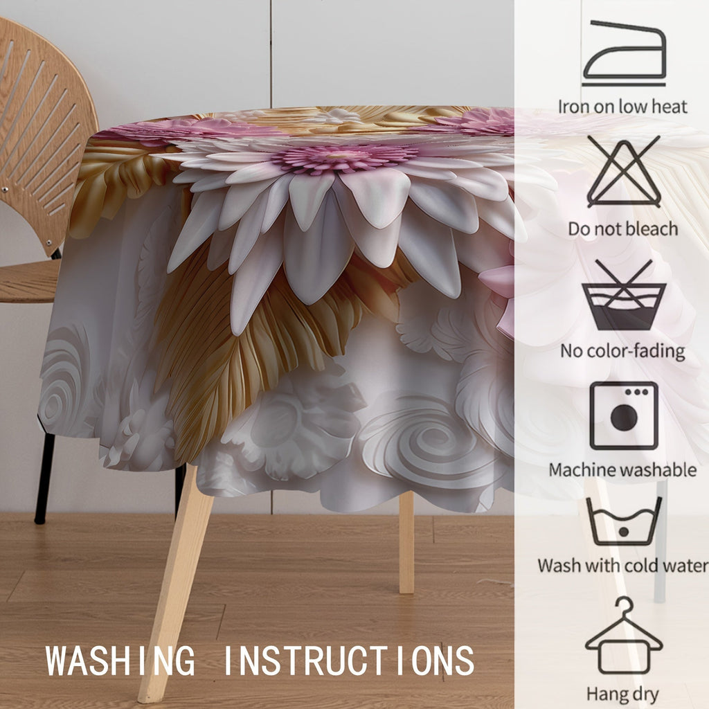 Elegant Golden & Jade Floral 3D Print Round Tablecloth - Stain & Waterproof, Perfect for Parties, Home Kitchens, Banquets & Patios