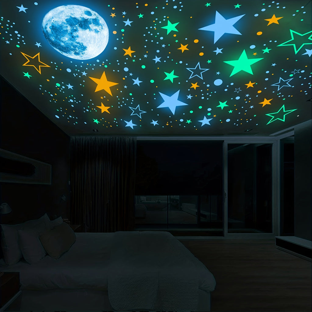 1208pcs Glow-in-the-Dark Star & Moon Wall Decals - Colorful Space for Galaxy Ceiling Stickers for Bedroom, Living Room, and Home Decor