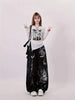 Women'S Hand-Painted Loose Jeans - Casual Black & White Sketch Print Wide Leg Denim Pants, Non-Stretch Fabric, with Applique Detail, for All-Season Vintage Inspired Artistic Pattern