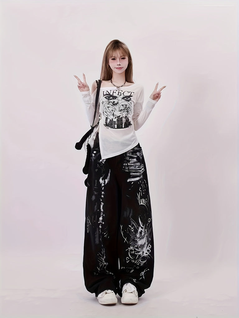 Women'S Hand-Painted Loose Jeans - Casual Black & White Sketch Print Wide Leg Denim Pants, Non-Stretch Fabric, with Applique Detail, for All-Season Vintage Inspired Artistic Pattern