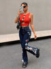 Skinny Fit Floral Print Washed Jeans, Vintage Style Zipper Button Closure Denim Flare Leg Pants, Women's Denim Jeans & Clothing