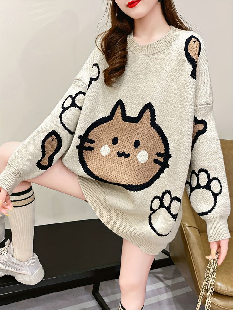 Cat Pattern Loose Sweater, Casual Drop Shoulder Long Sleeve Crew Neck Pullover Sweater For Spring & Fall, Women's Clothing