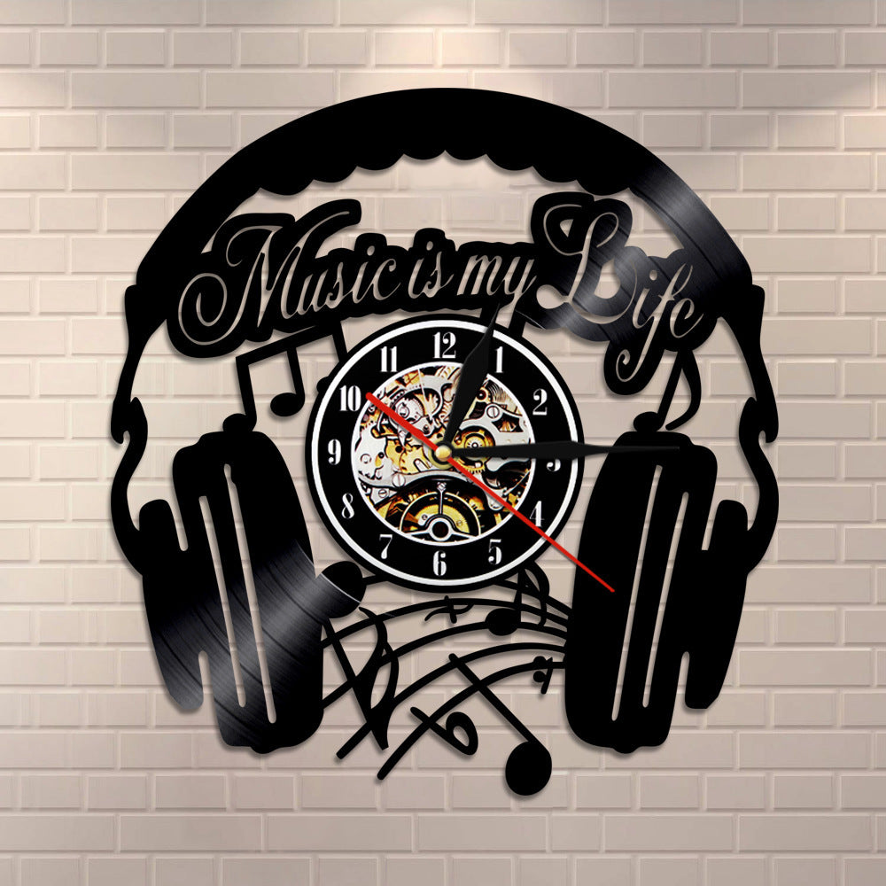Earphone style vinyl record wall clock