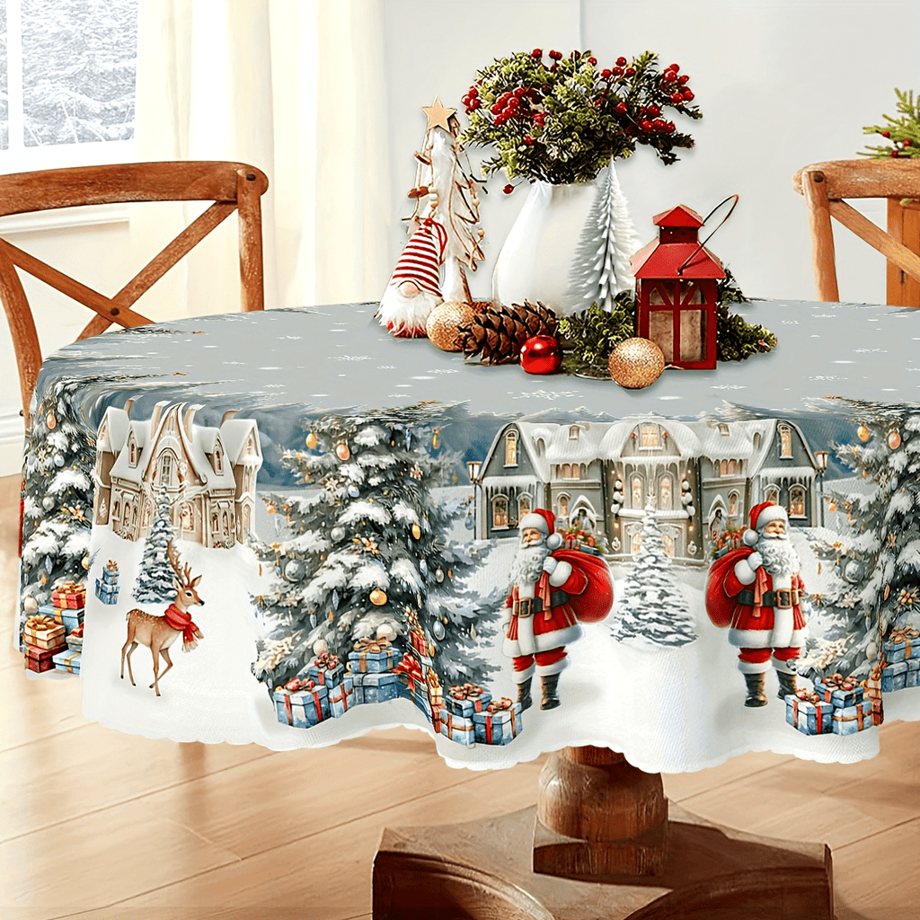 Christmas Holiday Tablecloth with Santa and Gift Tree Print - Polyester Rectangular Table Cover, Waterproof, Stain & Wrinkle Resistant, Machine-Washable for Indoor & Outdoor Use, Festive Dining Decor