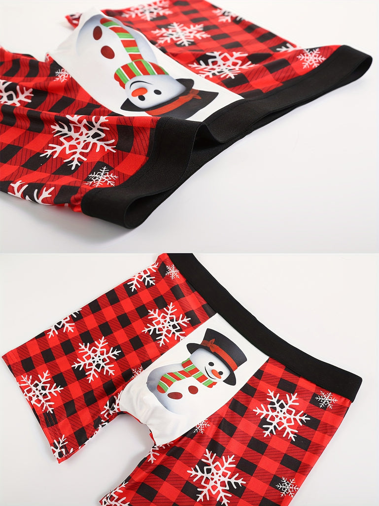 4pcs Men's Christmas Boxer Briefs Set with Santa, Snowflakes & Gingerbread for Man Designs - Includes Greeting Card, Comfortable Polyester Blend, Perfect Holiday Gift