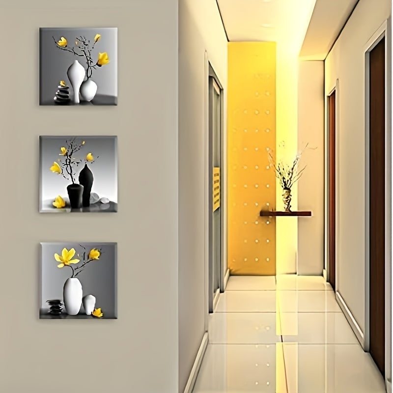 Flower Wall Art for Bathroom Hallway, SZ Elegant Orchid Still Life Canvas Painting Prints, Golden Magnolia in Black and White Vases Picture (Ready to Hang)