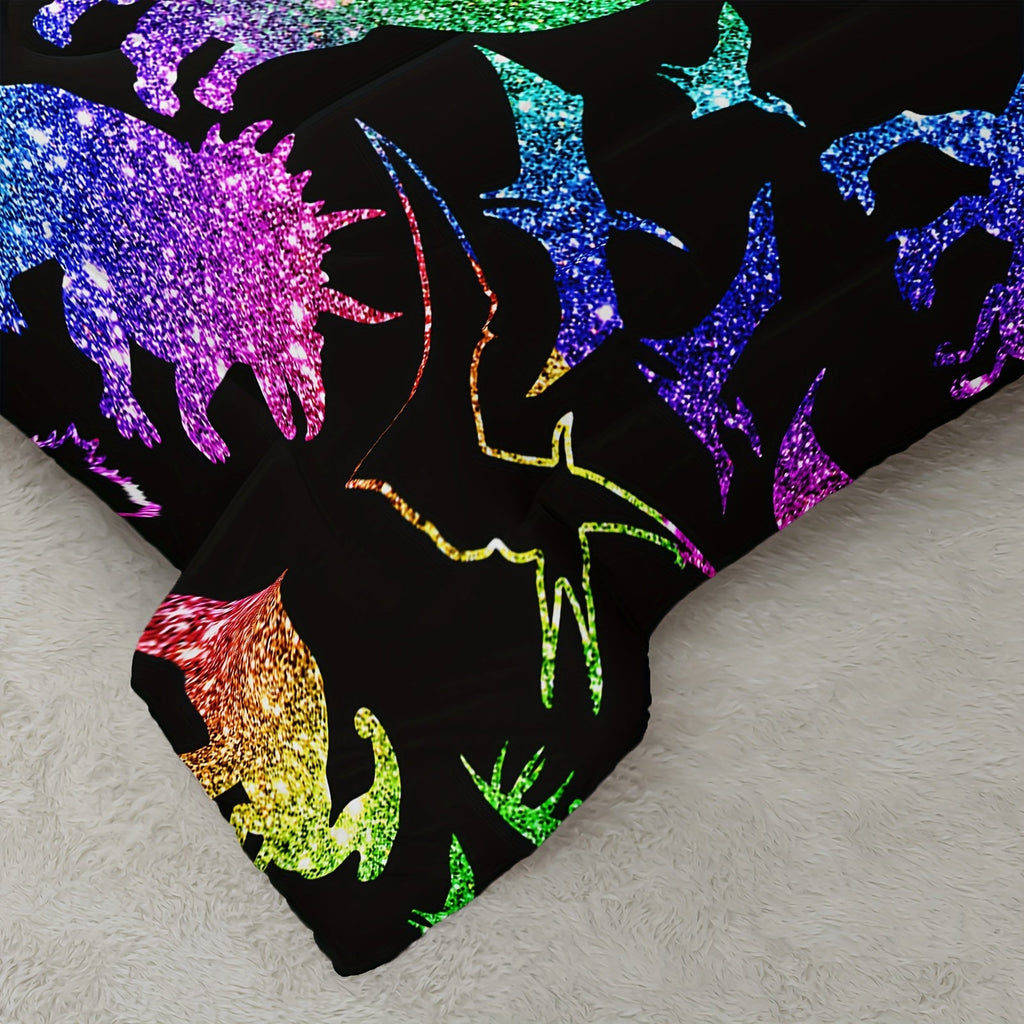 Rainbow Dinosaur Comforter Set For Colorful Dino Bedding Cartoon Dinosaur With Shiny Glitter Bedding Set Bedroom Decor 1 Comforterr + 2 Pillowcases Lightweights