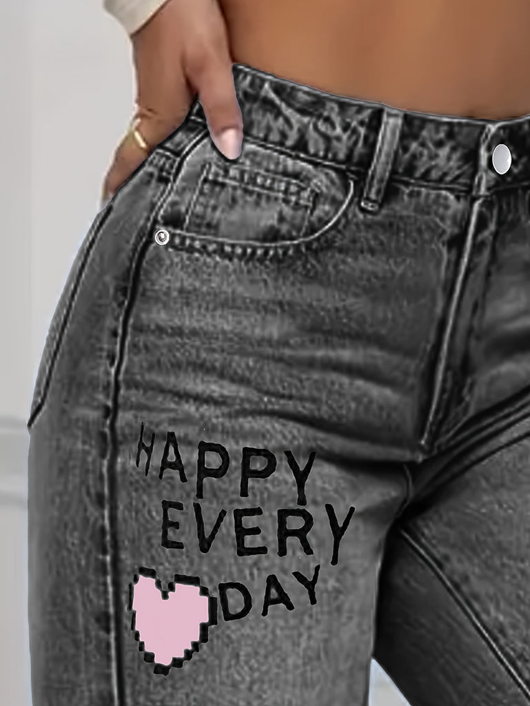 1pc Elegant Low Waist Wide Leg Denim Jeans, Ripped Design with Positive Print, Non-Stretch Fabric, Button Fly, Long Pants for Casual Weekend Wear - DK7120