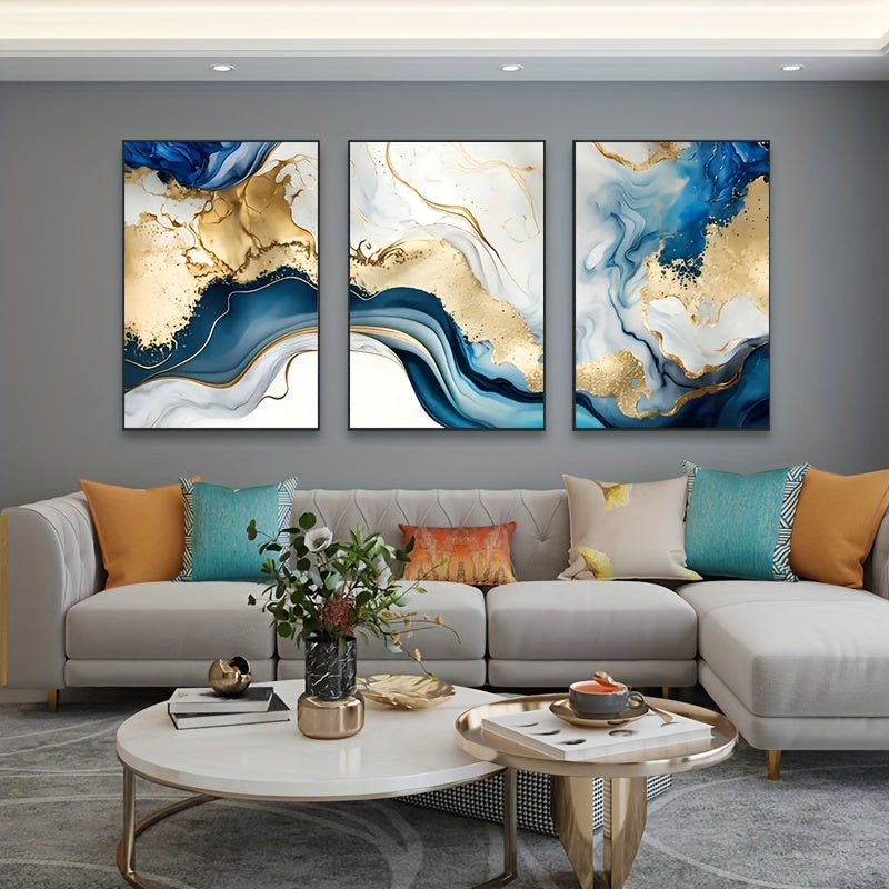 3-Piece Wooden Frame Modern Abstract Canvas Art Set - Blue Golden Hues Graphic Design - For Bedroom & Living Room Decor - Perfect Gift for Art Lovers & Home Decor Enthusiasts