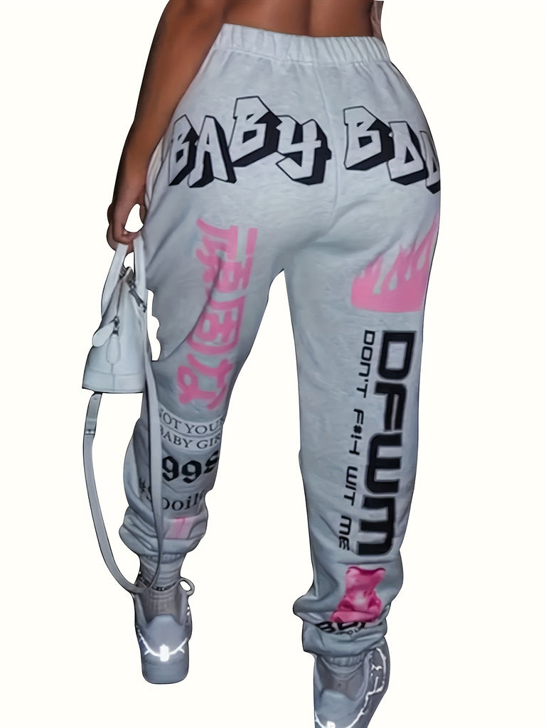 Plus Size Street Style Pants, Women's Plus Graffiti Print Elastic High Rise Jogger Trousers