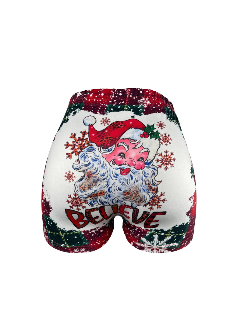 Women's Christmas Santa Claus Print Skinny Shorts, Elastic Waist Stretchy Casual Shorts for Holiday Party