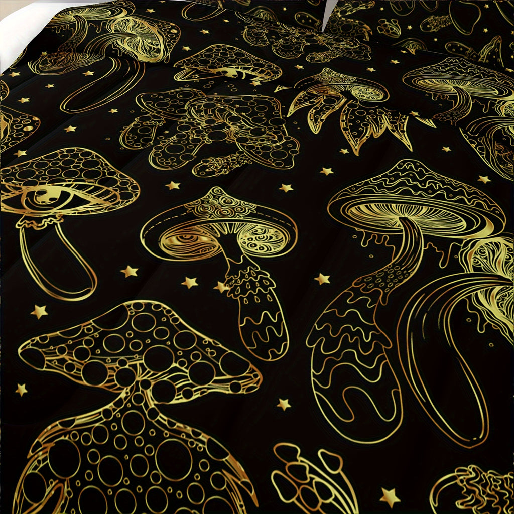 Black Golden Mushroom Comforter Set, Natural Wild Fungus Bedding Sets Botanical Plants Duvet Set 3 Kawaii Bedding Set Mushroom Decor