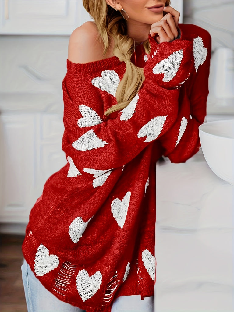 Women's Off-the-shoulder Knitted Pullover Sweater Loose Long Sleeve Heart-shaped Printed Ripped Top