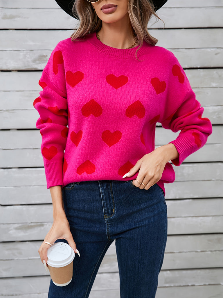 Women's Autumn Winter Knit Sweater Long Sleeve Crewneck Heart Print Loose Knitwear