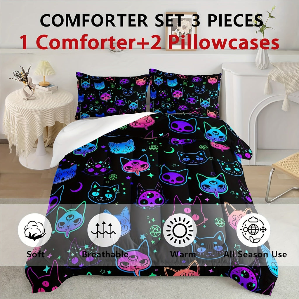 3pcs Neon Cat Print Comforter Set, Soft Comfortable Comfortable Bedding Set, For Bedroom Guest Room Dorm (1*Comforter + 2*Pillowcase, Without Core)