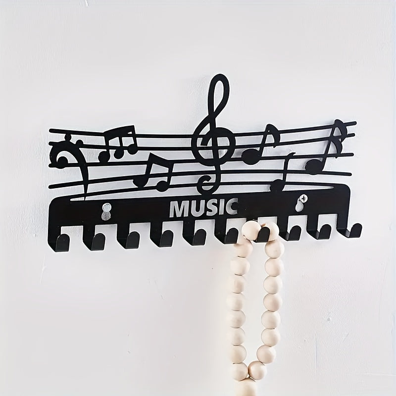 Iron Music Note Wall Storage Rack with Hooks – 1pc Multifunctional Organizer for Keys and Coats, Black, Decorative Home Accessory