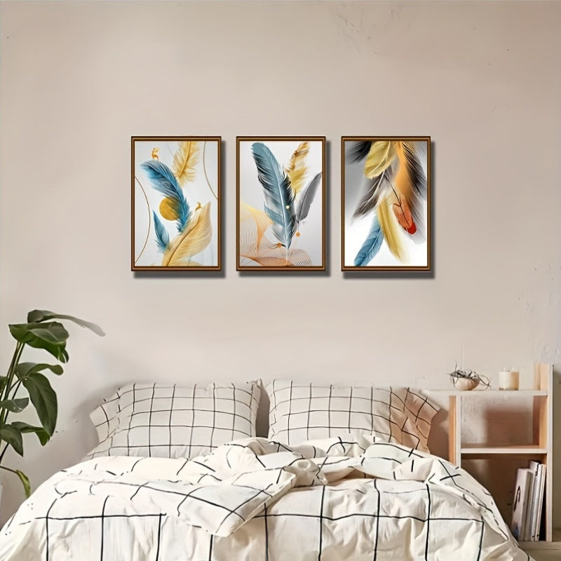 3-Piece Framed Feather Wall Art Canvas Prints, Modern Abstract Posters for Living Room, Bedroom, Office, Restaurant, Bathroom, Nursery, Home Decor, Horizontal Feather Oil Paintings, 16x24 inches.