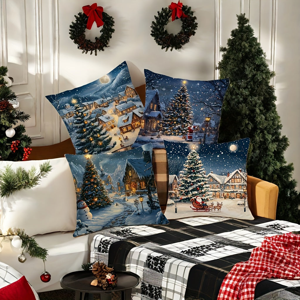 Contemporary Style Christmas Throw Cushion Covers 4pcs Set, 17.72" Woven Polyester Zippered Cases, Hand Wash Only, Festive Print for Living Room Sofa and Bedroom Decor - Insert Not Included