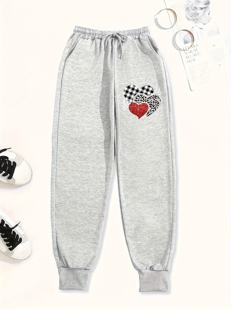 Women's Retro Drawstring Joggers - Comfy & Stylish Casual Sweatpants with Heart Print, Polyester, Machine Washable - Perfect for Fall/Spring