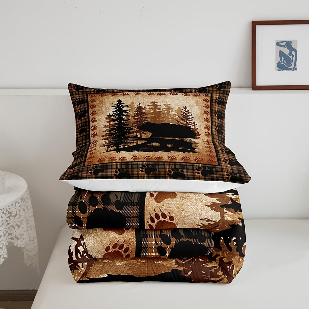 Castle Fairy Bear Print Comforter Set, Twin/Full/Queen/King Size, Wild Animal Hunt Pine Trees Retro Bedding Comforters Collection, Rustic Grid Plaid Cabin Bedding Set For Women Men Room Decor, With 2/3pcs And 1/2 Pillowcase, Brown Bear, Bear Tracks3