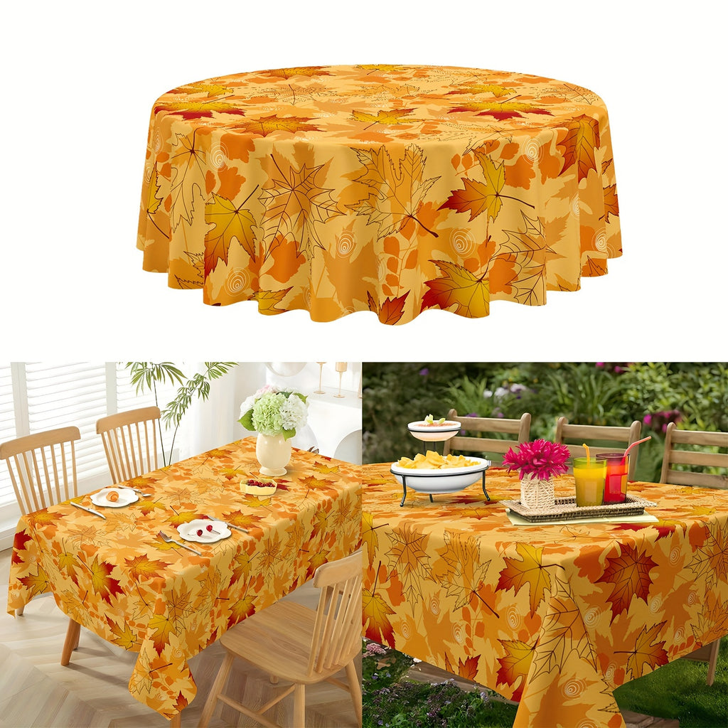 Thanksgiving Elegance: Waterproof & Stain-Resistant Autumn Leaves Round Tablecloth - Perfect for Fall Decor, Polyester, Machine-Woven, Ideal for Kitchen & Dining Room