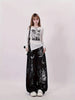 Women'S Hand-Painted Loose Jeans - Casual Black & White Sketch Print Wide Leg Denim Pants, Non-Stretch Fabric, with Applique Detail, for All-Season Vintage Inspired Artistic Pattern