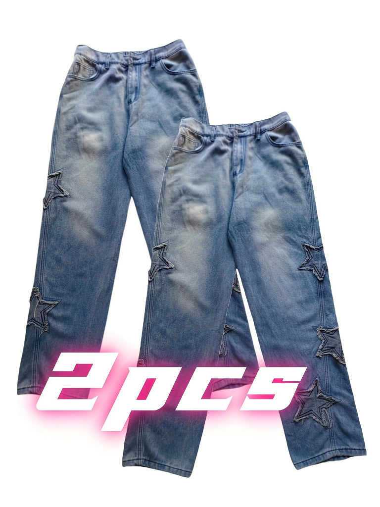 2PCS, Y2k Baggy Jeans For Men, Hip Hop Grunge Demin Pants Wide Leg Loose Joggers Star Graphic Jeans