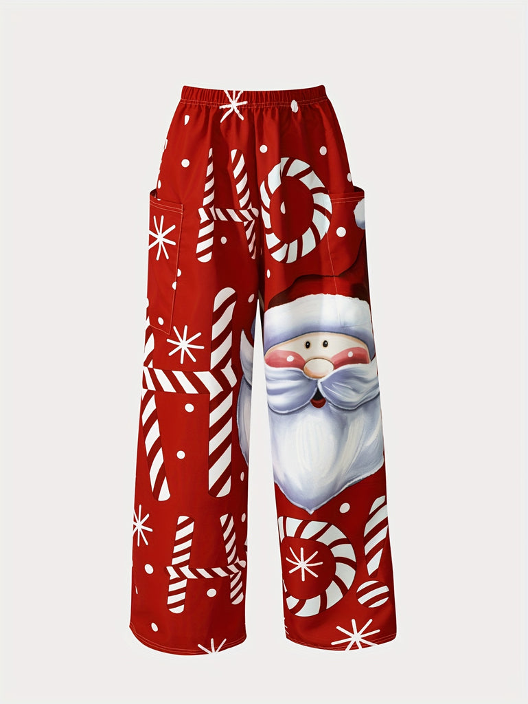 Christmas Print Wide Leg Pants, Casual Elastic Waist Pants With Pocket, Women's Clothing