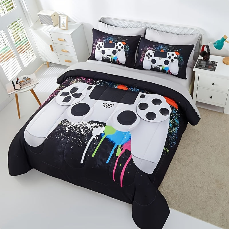 4/5Pcs Gamer Comforter Set - Stain Resistant, Ultra Soft Microfiber, Lightweight, 3D Colorful Game Controller Bedding With 100% Polyester Fiber Fill - Twin/Full/Queen Size Bed In A Bag For All Seasons