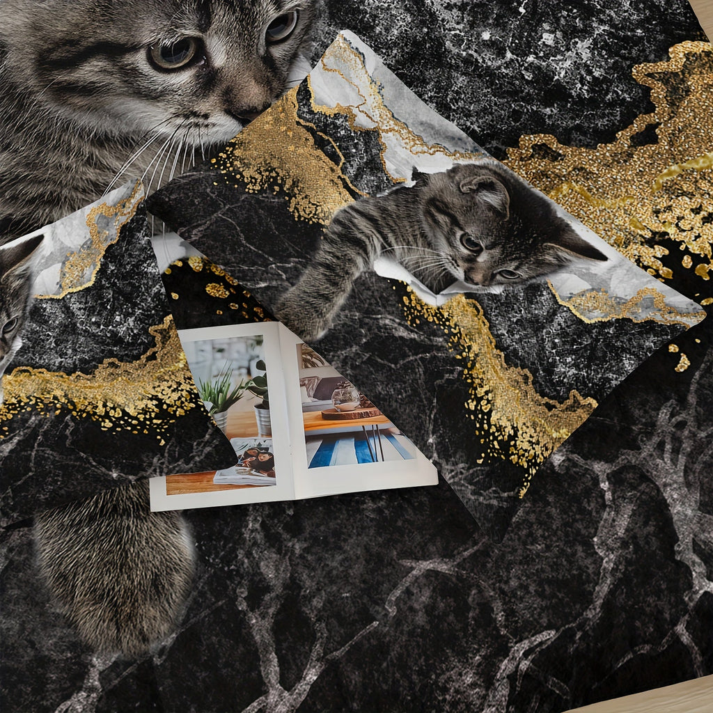 Marble Comforter Set, Black Golden Marble Quilt Set, Watercolor Marble Print Duvet, Cute Cat Quilt Set, Pet Cat Fluffy Bedding Set, Cat And Marble Pattern Bedding Set, Animals Comforter Set