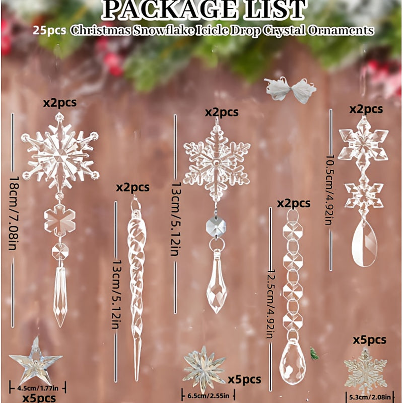 25pcs Crystal Christmas Tree Ornaments Set - Acrylic Snowflake & Icicle Drops, Clear Plastic Decorations for Holiday & New Year's Party