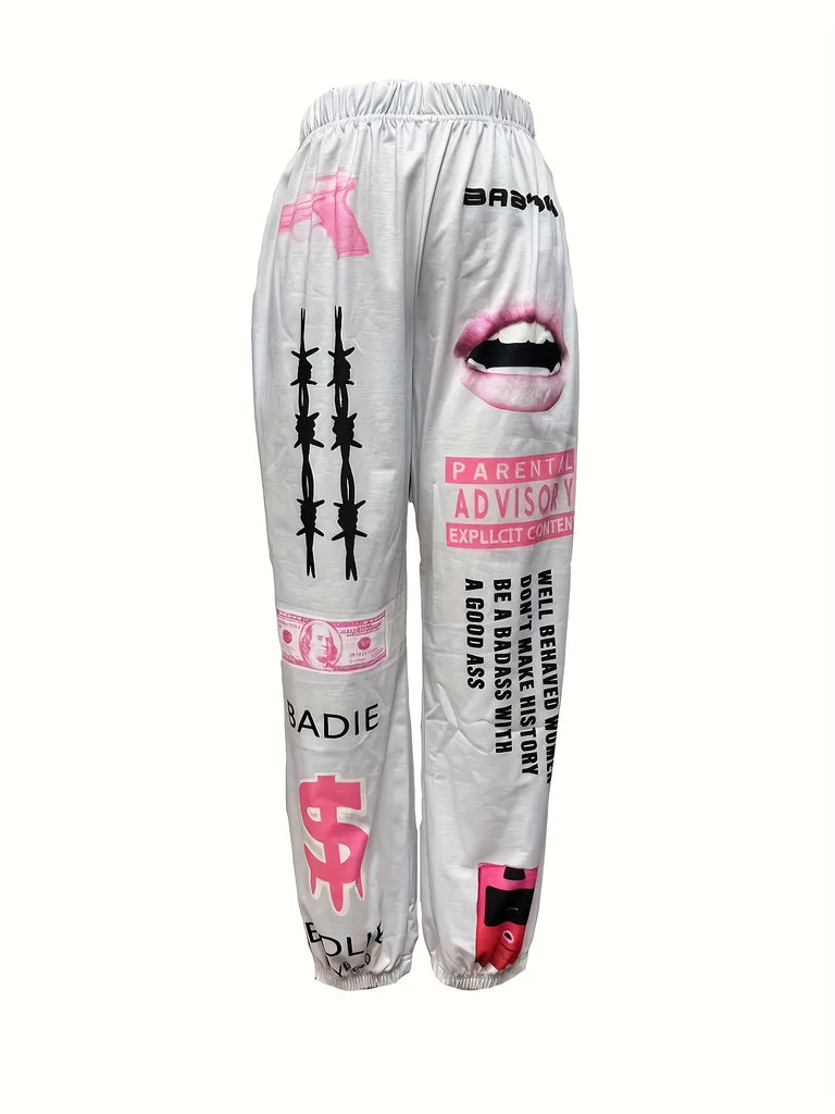 Plus Size Street Style Pants, Women's Plus Graffiti Print Elastic High Rise Jogger Trousers