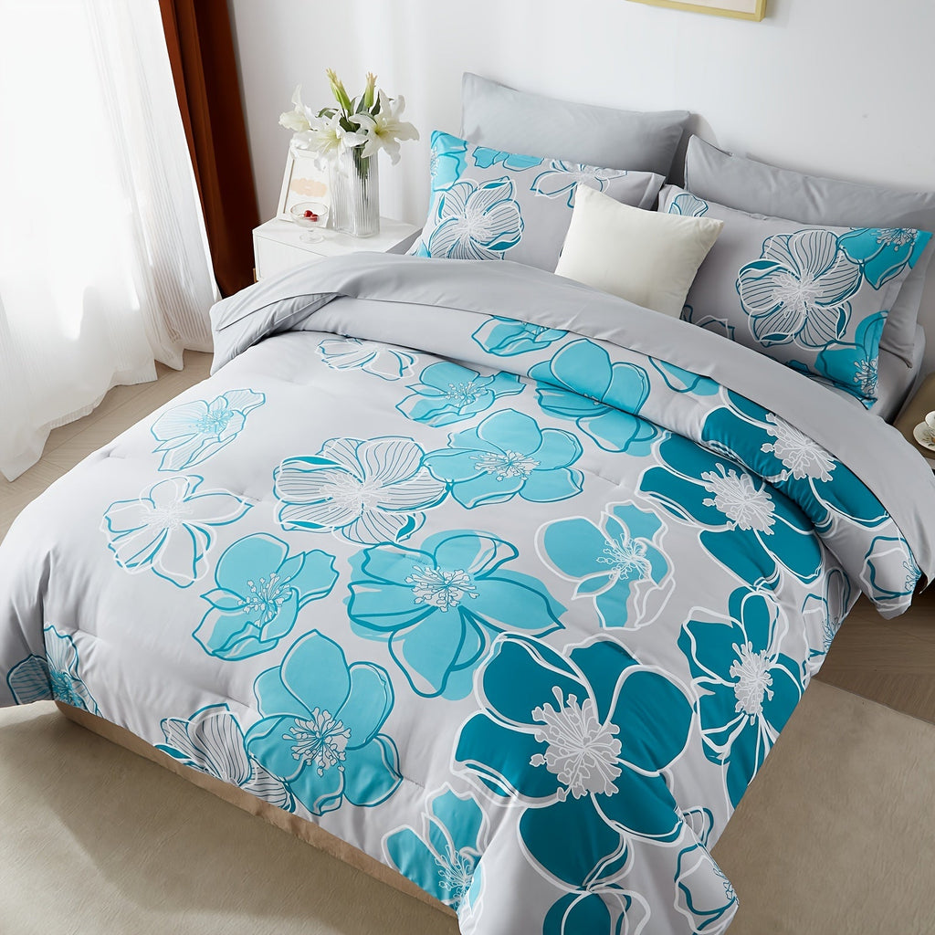Davulos 7pcs Floral Comforter Set - Hypoallergenic Microfiber Cover, Plush Polyester Fill, Machine Washable, Stain-Resistant, All-Season Bedding, Queen/King Size