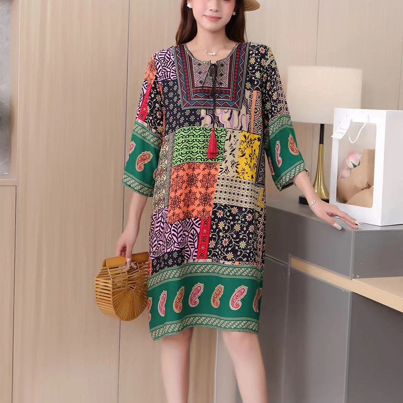 Cotton Silk Floral Dress Vintage Women's Clothing