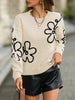 Floral Pattern Crew Neck Knitted Sweater, Elegant Long Sleeve Drop Shoulder Pullover Sweater For Fall & Winter, Women's Clothing