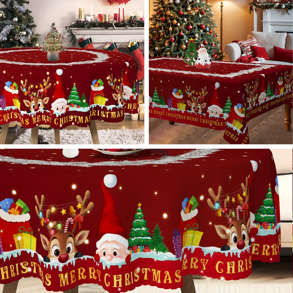 Christmas Cheer Tablecloth - Cute Reindeer & Santa Design, Snowflake & Pine Patterns with Embossed Edges, Stain-Resistant Polyester, Perfect for Holiday Parties, Home Decor, and Outdoor Picnics Holiday Decorations