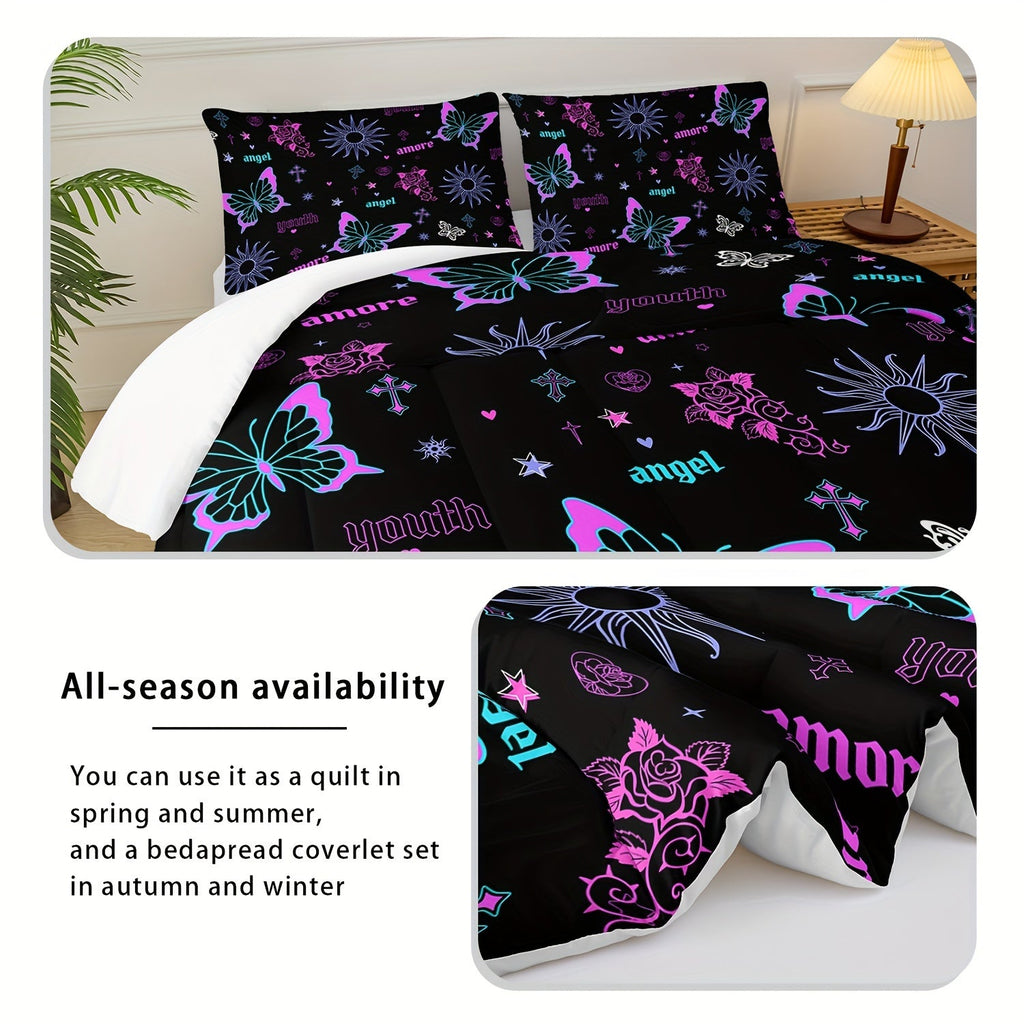 Butterfly Comforter Set Purple Rose Printed Bedding Sun Galaxy Comforter 3 Piece Set (1 Bed Comforter + 2 Pillow Cases), Comforter For All Seasons, Soft Comfortable And Breathable Printed Bedding For Home Dorm Decoration